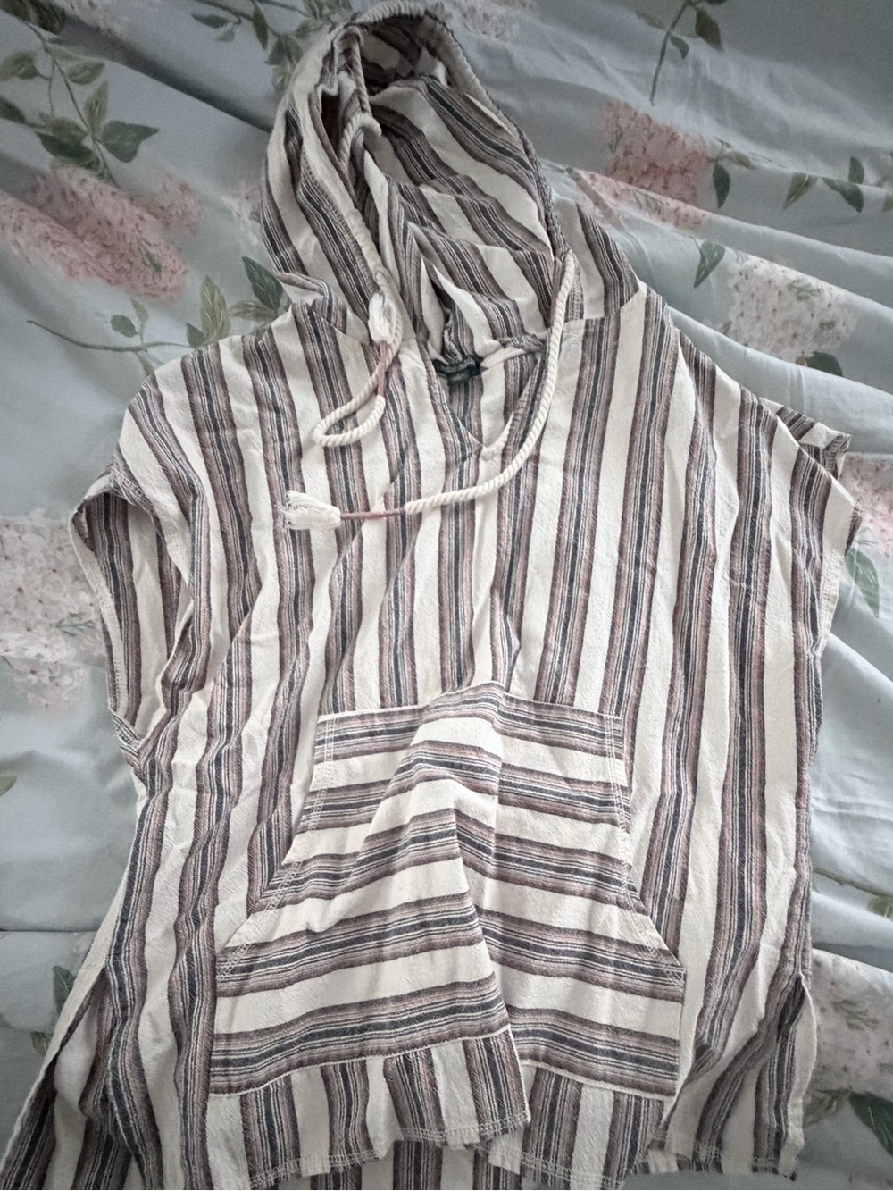 Striped Hooded Pullover Top — Cream and Brown